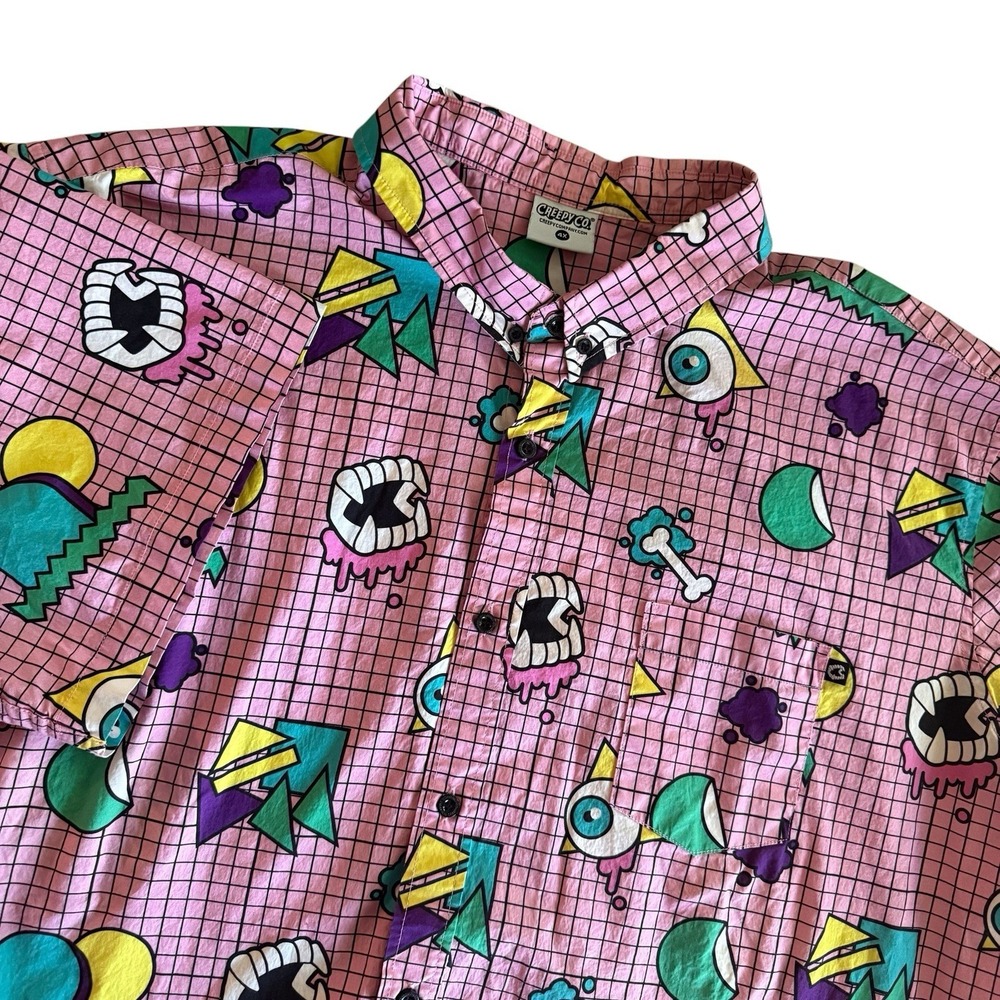 Creepy Co Men's Retro 80s Halloween Collared Shirt 4X Vampire Teeth VHS Pink